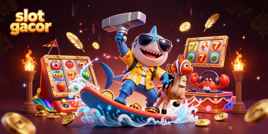 Enter the exciting world of slot gacor with a whimsical 3D scene featuring a hammer-head shark surfing on gold coins.