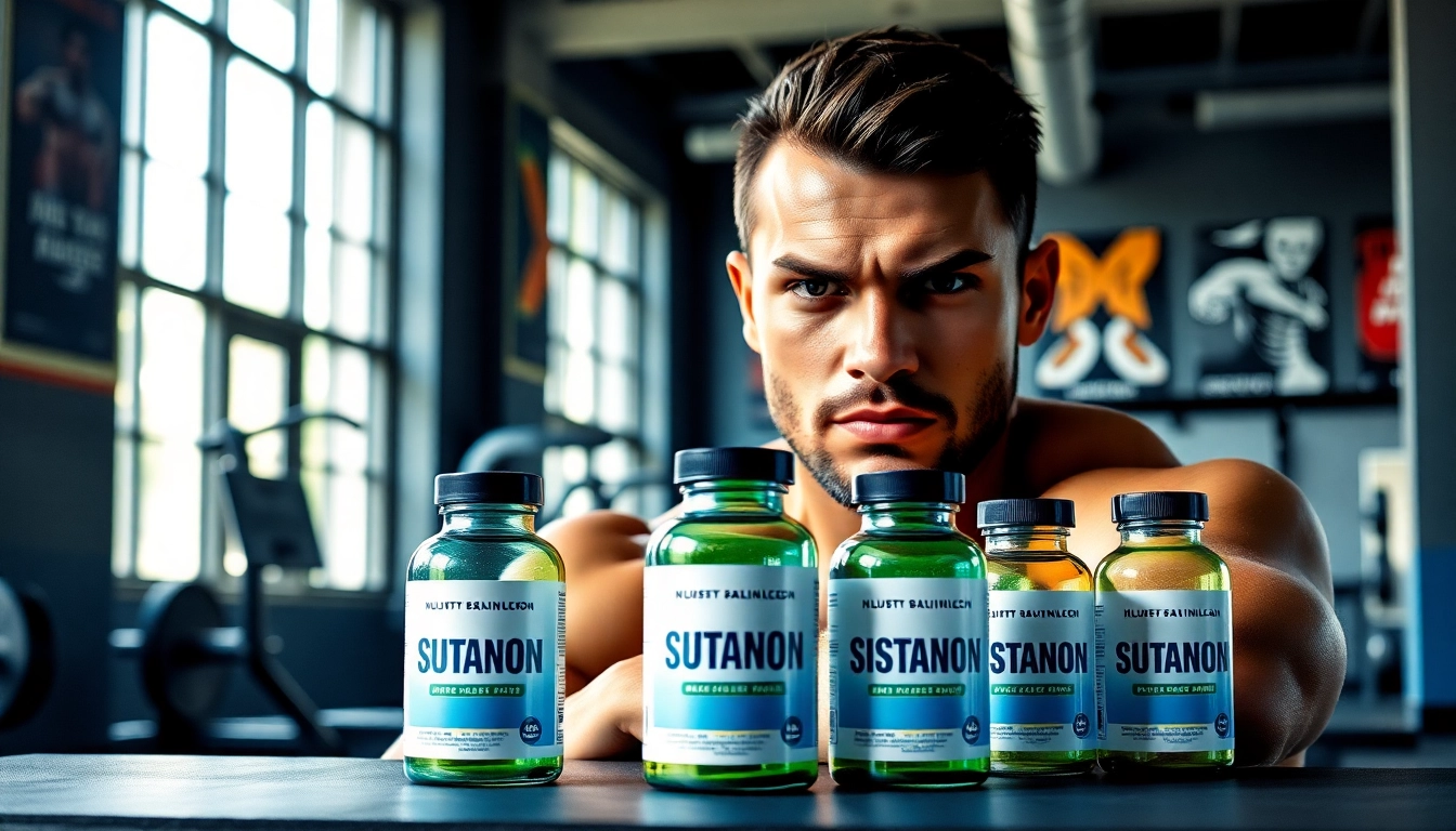 Sustanon kaufen: Athlet mit Determination im modernen Fitnessstudio, zeigt Trainingsmotivation.