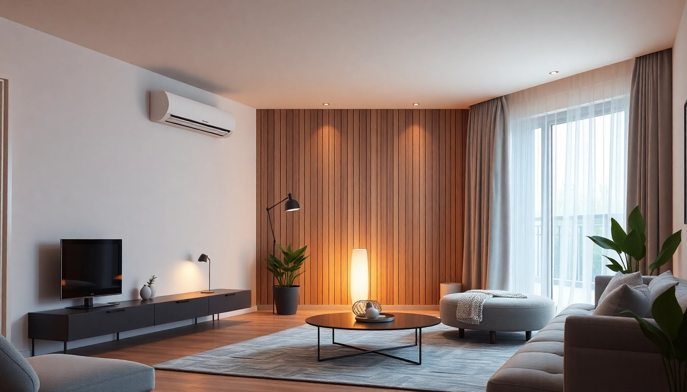Klimaanlage kosten: moderne Klimaanlage in stilvollem Wohnraum beleuchtet von warmem Licht, ansprechend und komfortabel.