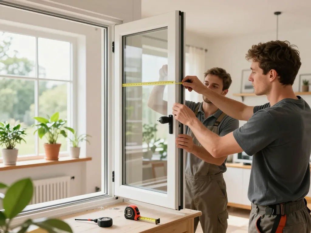 Fachkräfte, die in einer hellen Wohnumgebung Fenstereinbau im Fensterbau durchführen
