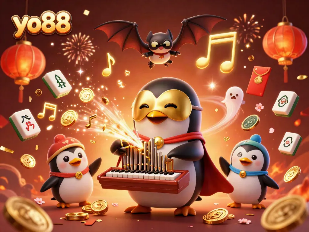 Engage with yo88 slot games featuring a lively penguin character and festive decorations.