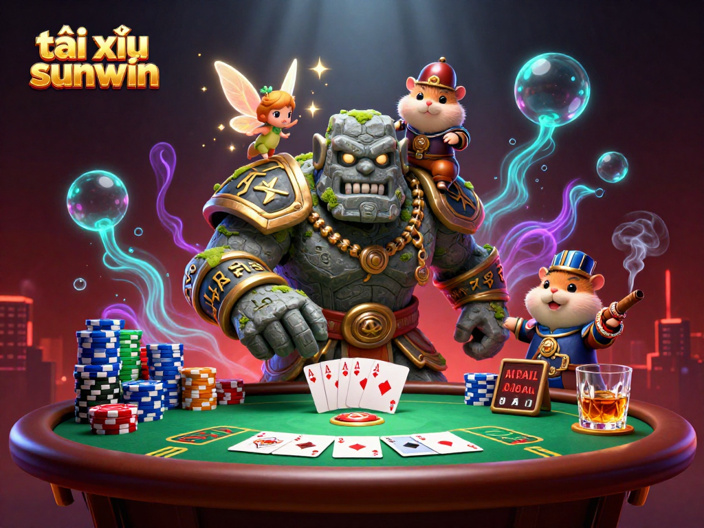 Experience the excitement of tài xỉu sunwin as a golem guardian, fairy, and hamster knight gather around rich poker elements.