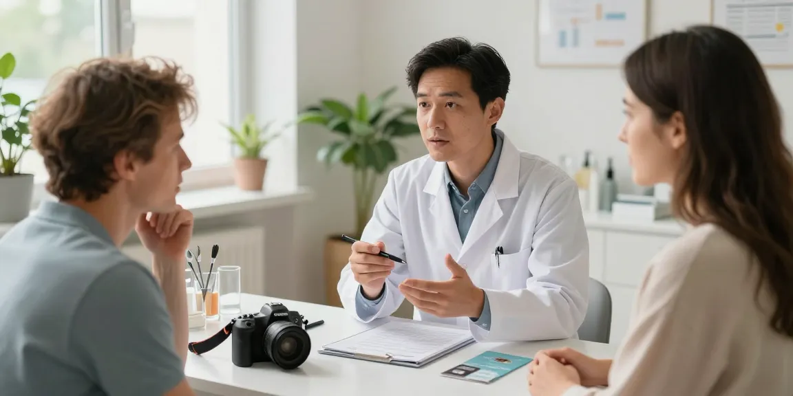 Engaged discussion on haarausfall behandeln between a patient and a dermatologist in a calming clinic.