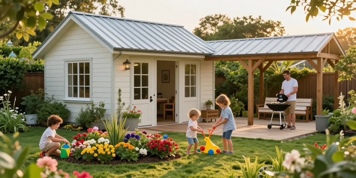 Familie genießt Zeit in einem Gartenhaus mit blühenden Blumen und einer Terrasse.