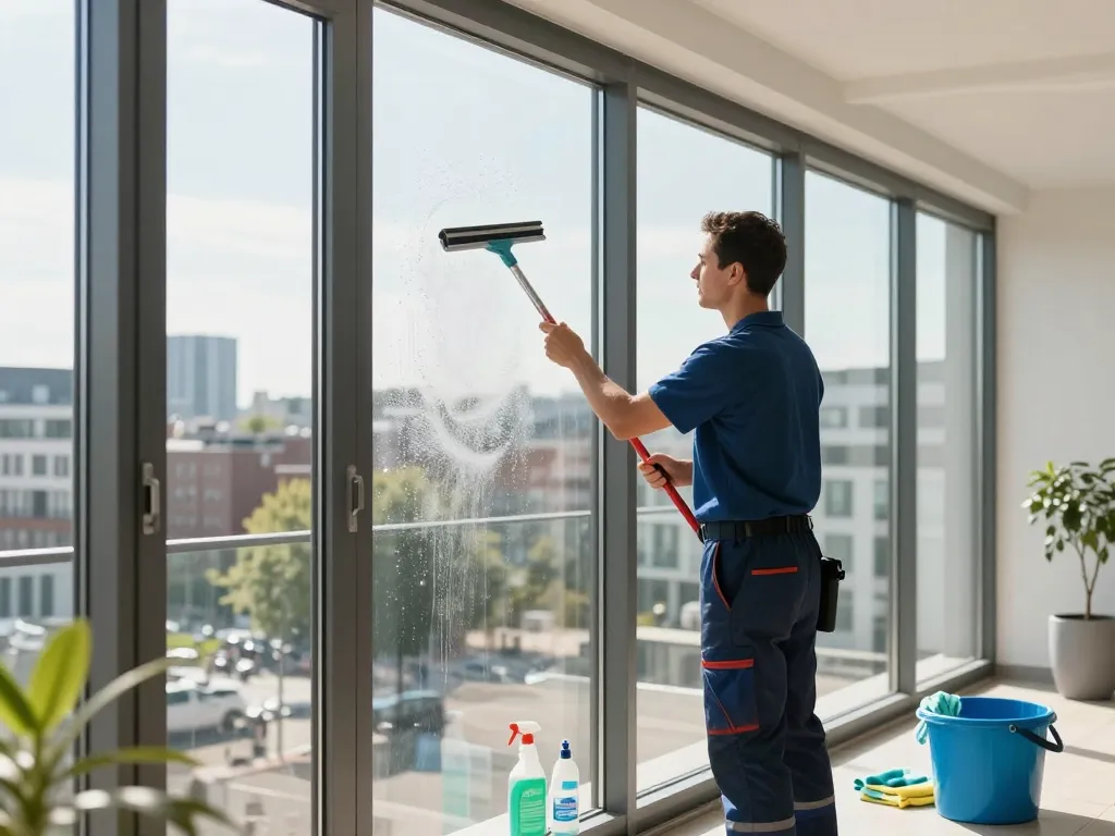 Professioneller Reinigungsservice für Fenster in Münster, Reiniger, der Fenster in einer urbanen Umgebung wischt, helle und einladende Atmosphäre.