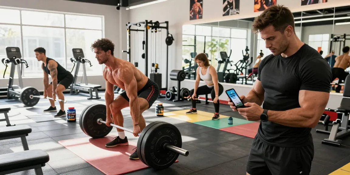 Anabolika Shop mit Bodybuildern, die Gewichte heben und Nahrungsergänzungsmittel testen.