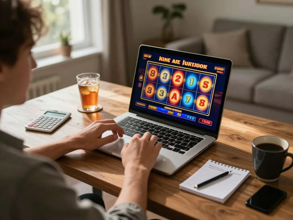 B52club player engaged in thrilling online slot game at home with colorful screen.