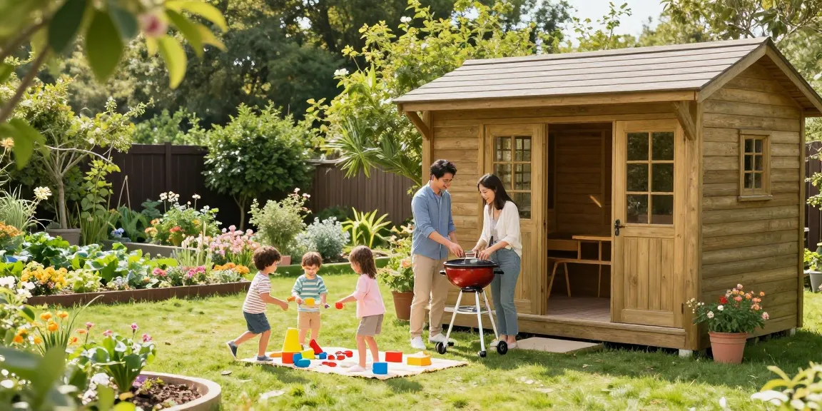 Gartenhaus kaufen und mit der Familie im Garten entspannen, während die Kinder spielen und die Eltern grillen.