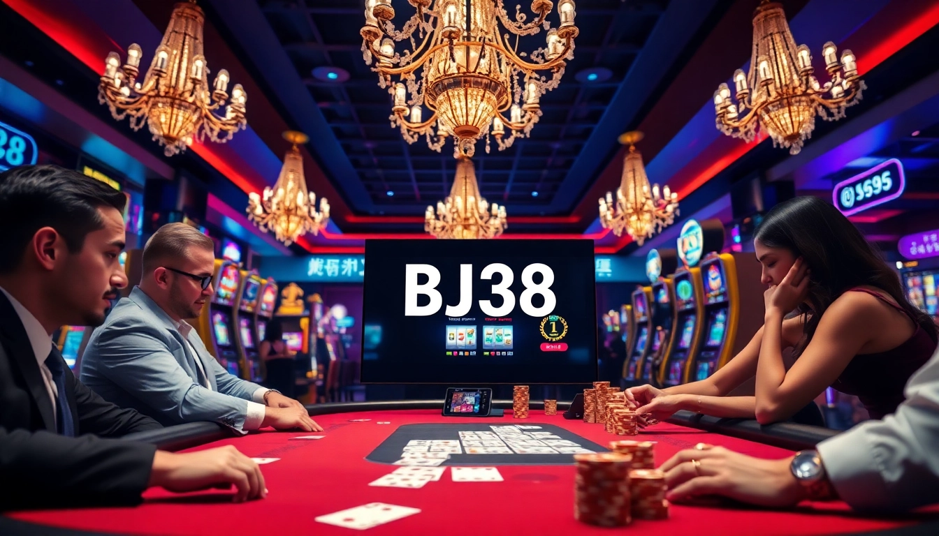 Experience high-stakes excitement at BJ38 with vibrant poker tables and dazzling casino visuals.