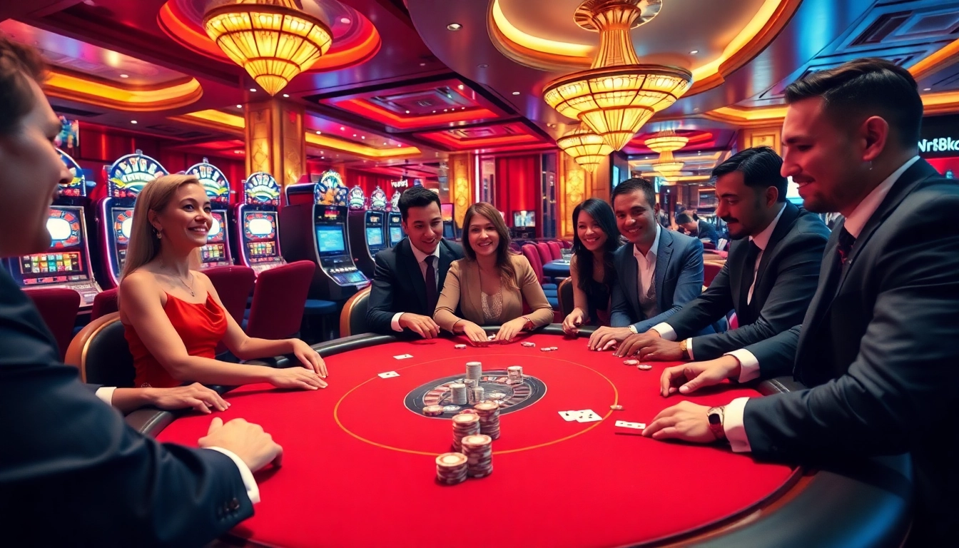 Players engaged in a poker game at rr88com's luxurious casino setting, showcasing strategic interactions.