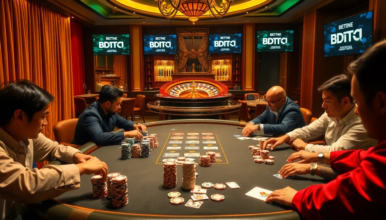 Engaged players at a high-stakes poker table highlighting BDTK1 amidst vibrant casino thrills.
