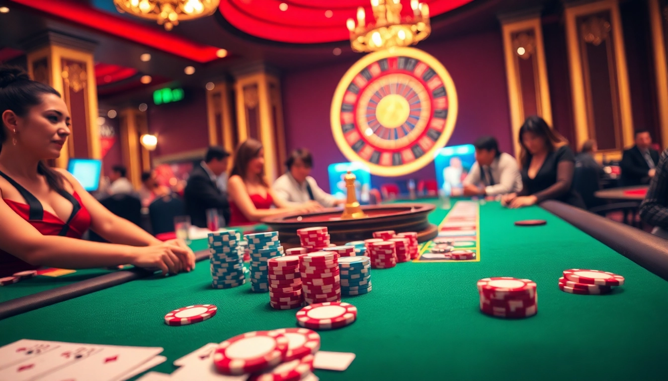 Engaging casino atmosphere featuring game bài đổi thưởng with poker chips and roulette wheel.