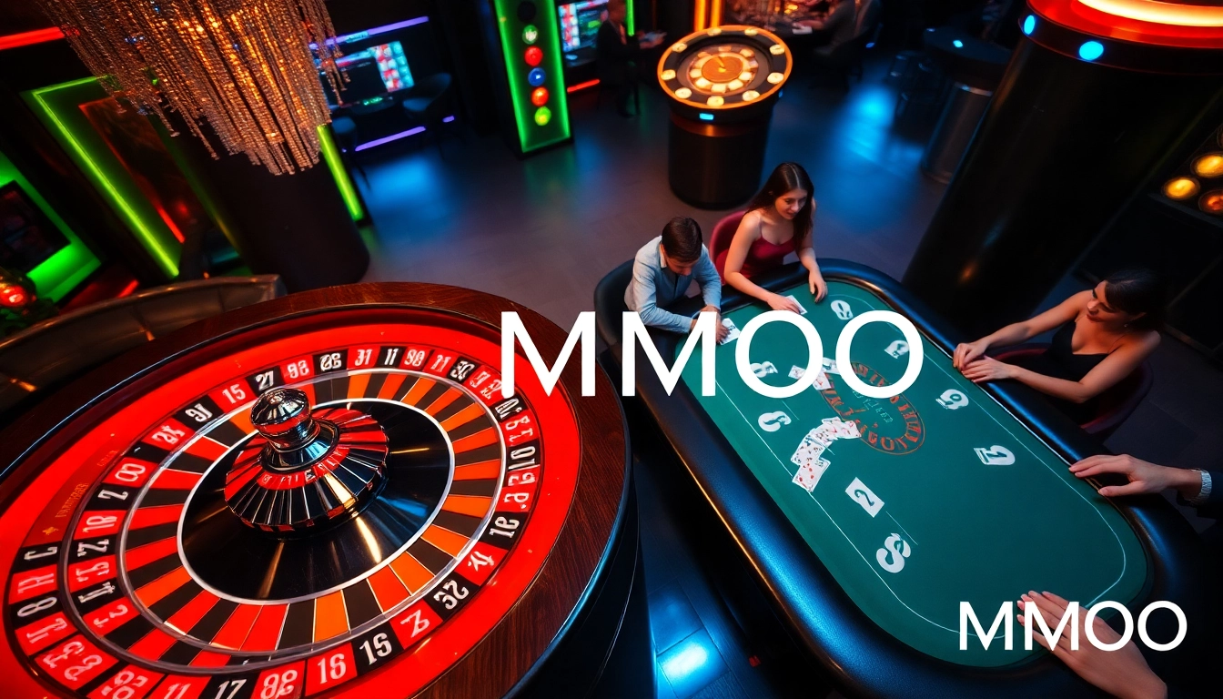 Players engaging in thrilling casino games with MMOO branding, showcasing poker chips and roulette.