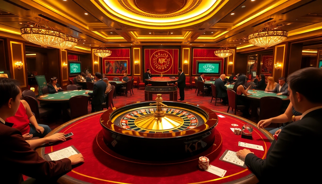 KJC casino scene showcasing roulette and poker excitement in a luxurious setting.