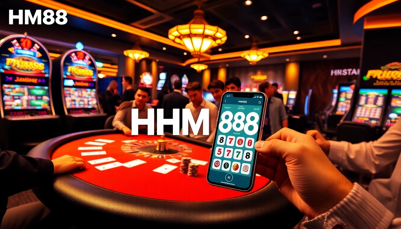Players enjoying an exciting game at HM88's luxurious casino table with vibrant chips and cards.