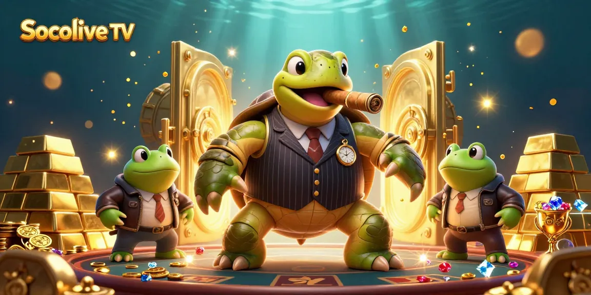 Experience thrilling action on Socolive TV with a vibrant 3D illustration showcasing a snapping turtle mobster surrounded by gold and casino elements.